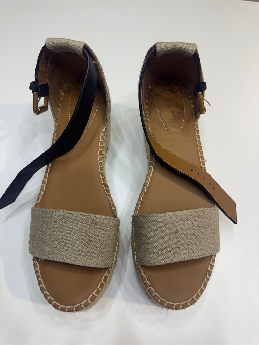 See By Chloé Beige Canvas Espadrille Sandals with Black Ankle Strap